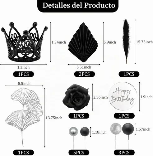 Vista 2 de Knana 25 bolas negras plateadas para decoración de tartas, corona de flores