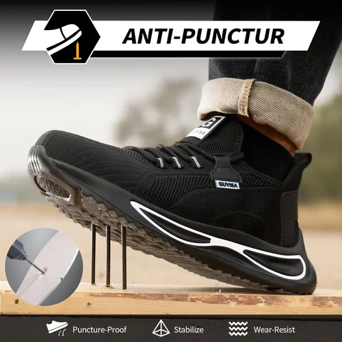 Vista 3 de GLANOUDUN Zapatos de punta de acero para hombre, zapatos de trabajo ligeros para hombres, zapatos de trabajo negros con punta de acero, zapatos