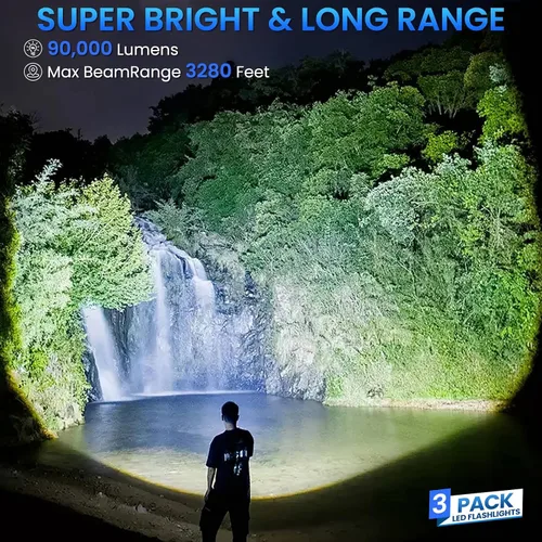 Vista 2 de Paquete de 3 linternas recargables de 99,000 lúmenes altos, linternas LED superbrillantes, 5 modos de enfoque ajustable, IPX7 impermeable, potente