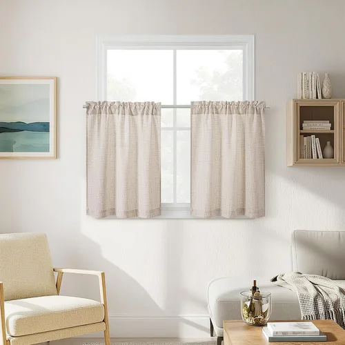 Vista 48 de Cortinas de cocina de lino semitransparente beige de 24 pulgadas de largo, 2 paneles Cream, Cafe Short Curtains, for Bathroom Small Windows, Light
