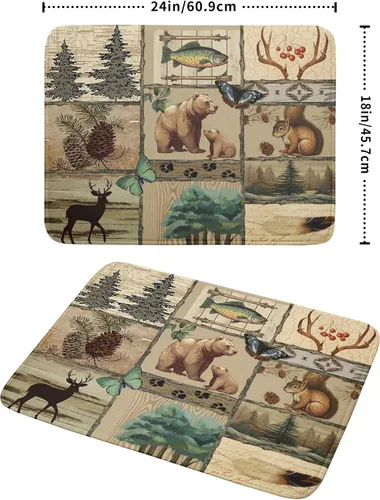 Vista 2 de Tapete de secado de platos de cabaña rústica, tapete escurridor de vida silvestre de oso del bosque, alce, 18 x 24 pulgadas, almohadilla escurridor