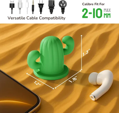 Vista 6 de ELETIUO Cactus - Organizador de cables de silicona con adhesivo fuerte, soporte universal para cables para escritorio, hogar, automóvil, organizador