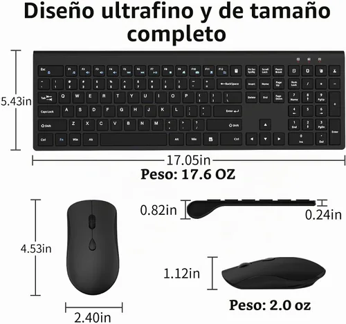 Vista 5 de Combo de teclado y ratón inalámbricos, teclado silencioso de computadora de tamaño completo con botón de calculadora, ratón de 2400 DPI, clic