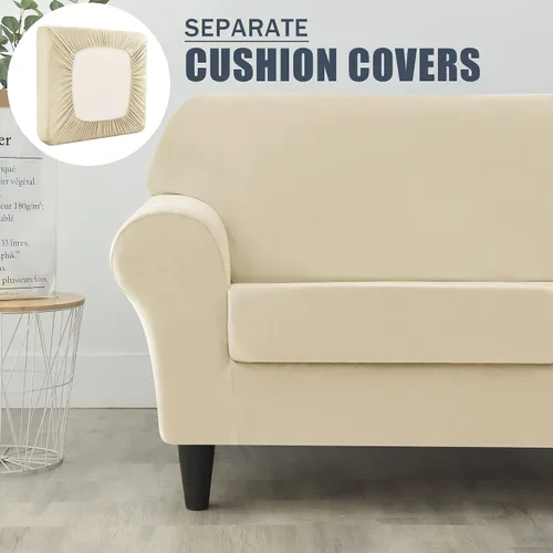 Vista 4 de CONRUSER Funda elástica para sofá, funda de terciopelo suave para sofá de un solo asiento con funda de cojín, protector de muebles (beige, talla S)