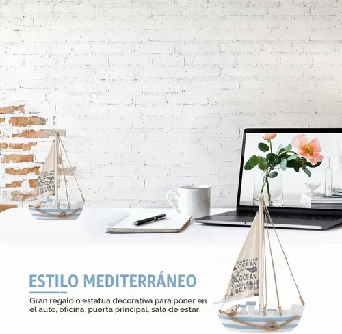 Vista 5 de Modelo de velero de madera, mini LED náutico, conchas náuticas, estatuilla de barco de vela de madera, decoración para el hogar, escritorio