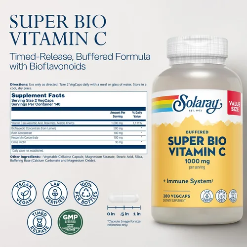 Vista 2 de Solaray Vitamina C tamponada Super Bio de 1000 mg, vitamina C de liberación temporal de dos etapas con bioflavonoides, suplemento de apoyo