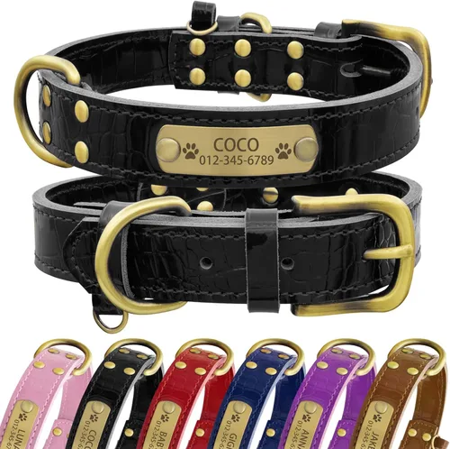 Vista 18 de Collar de perro de cuero genuino personalizado Senristar con placa de nombre grabada - Collar para perro duradero y elegante personalizado para Negro