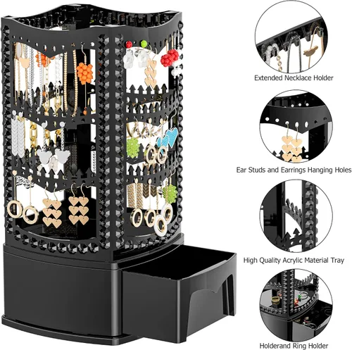 Vista 7 de Famitree Soporte giratorio de 360 grados y organizador de joyas, soporte clásico de 4 niveles, 156 agujeros y 160 ranuras para collares, aretes