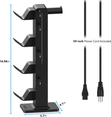 Vista 4 de KAFRI RGB Gaming Headphone Stand with 8 Light Modes, Controller Holder for Desk - with Retractable Charger Cable - 2 Outlet Power & 4 Type-C