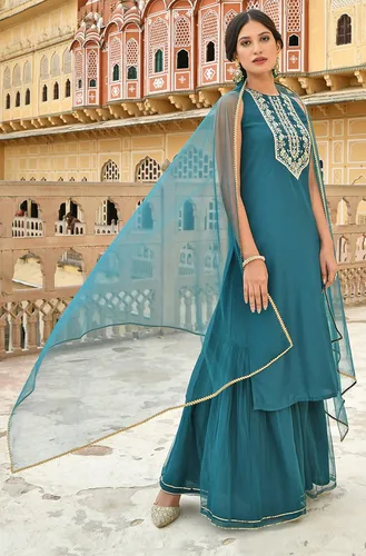 Vista 6 de Janasya Indian - Kurta bordada de seda de poliéster verde azulado para mujer con Sharara y Dupatta