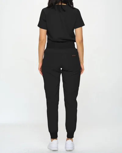 Vista 4 de Monarch Uniforms Slim Fit Stretchy Scrubs Women's Jogger Scrub Set Slim Jogger Scrubs with Tuck-In Top for Women Negro