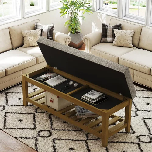 Vista 12 de Otomana con banco de almacenamiento, mesa de centro otomana de lino, gris oscuro Solid frame for added stability, 3.2-inch storage ottoman cushion