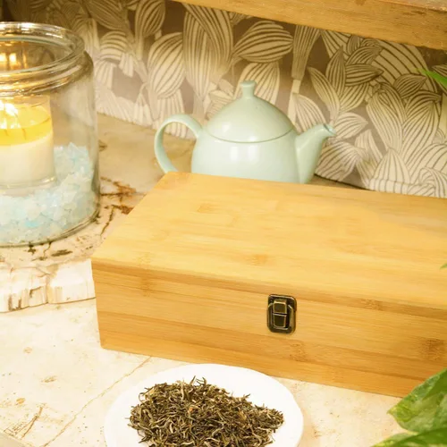 Vista 8 de Caja organizadora de té de bambú sin productos químicos, ecológica, grande, alta y ajustable, baúl de almacenamiento de madera natural