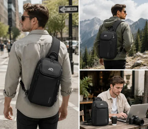 Vista 6 de Mochila bandolera RFID, bandolera de hombro para hombre para viaje de iPad Negro