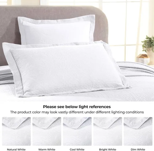 Vista 5 de Superior Fleur De Lis - Juego de colcha de algodón de 3 piezas, decoración de cama para el hogar, colcha decorativa con textura, 2 fundas de Blanco