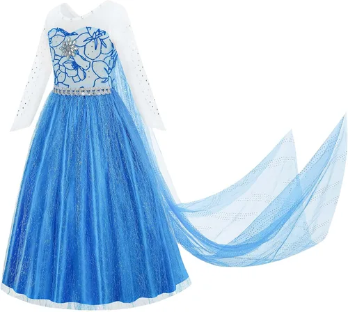 Vista 2 de Vestido de Elsa para niña, disfraz de Frozen, traje de cosplay, vestido de princesa, vestido de fiesta azul para Halloween, cumpleaños, color azul