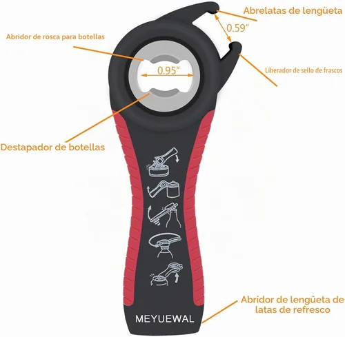 Vista 5 de Abridor de frascos y botellas para manos débiles, kit abridor de latas y botellas multifunción 5 en 1 con mango de silicona, fácil de usar para Rojo