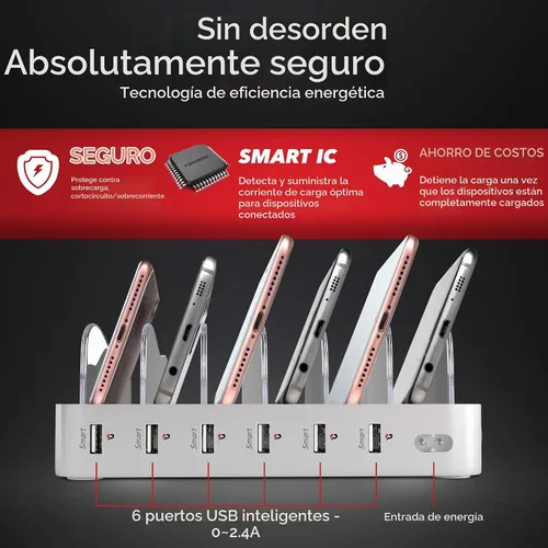 Vista 4 de Base de carga USB, estación de carga universal de 6 puertos para múltiples dispositivos, estación de carga para múltiples dispositivos, compatible