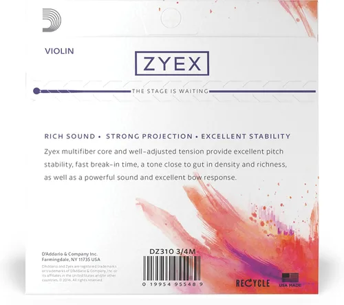 Vista 3 de D'Addario Zyex - Juego de cuerdas para violín, escala 3/4, tensión media