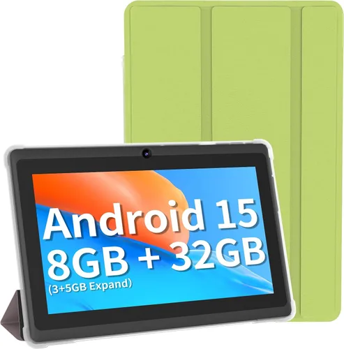 Vista 10 de Tablet de 7 pulgadas con funda, tabletas Android 15 de cinco núcleos, 8GB RAM 32GB ROM expansión de 512GB, pantalla IPS HD de 1024 x 600, 3500mAh