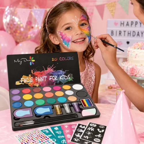 Vista 5 de Maydear Kit de pintura facial para niños, paleta de maquillaje a base de agua de 20 colores con plantillas, purpurina, pastel dividido de arcoíris