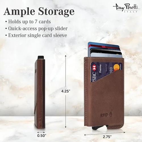 Vista 2 de Tony Perotti Billetera de piel italiana de acceso rápido para hombres, billetera RFID ultra delgada con deslizador de tarjeta desplegable y funda