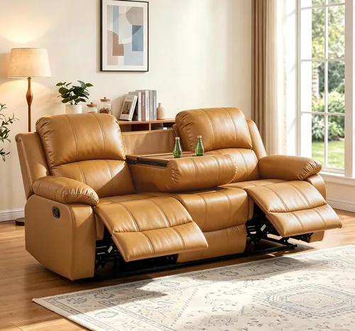 Vista 21 de Silla reclinable de cuero para conjunto de muebles de sala, sofá reclinable de cuero beige para espacios pequeños/RV, sillón individual