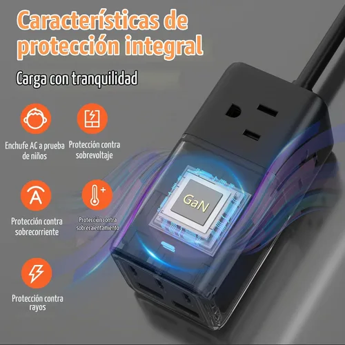 Vista 4 de NENJI Estación de carga USB C GaN de 75 W, regleta de alimentación 8 en 1 de carga súper rápida con 5 puertos USB y 3 puertos de CA, carga Negro