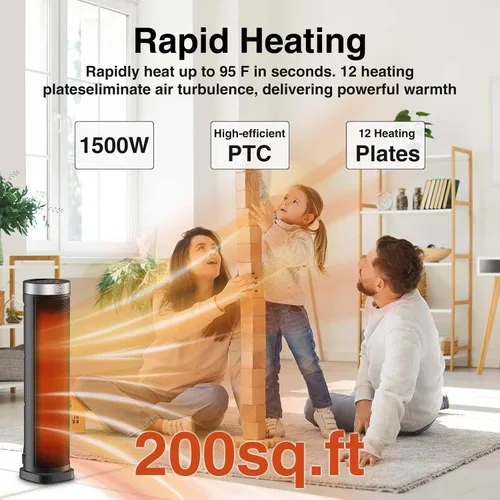 Vista 3 de Calentador de espacio para uso en interiores con control remoto, calentador eléctrico de torre oscilante de 70°, 24 pulgadas, temporizador de 12