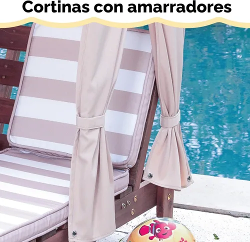 Vista 4 de KidKraft Tumbona doble de madera para exteriores con portavasos, muebles de patio para niños o mascotas, espresso con avena y tela a rayas blancas