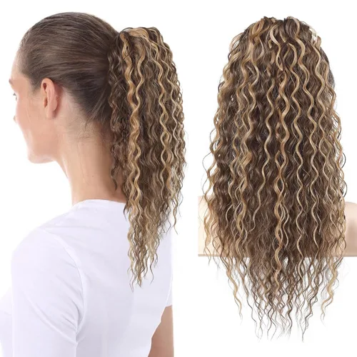 Vista 16 de Flufymooz Extensión de cola de caballo, 22 pulgadas, estilo bohemio, con cordón, extensiones de cabello para mujer, cola de caballo larga, rizada