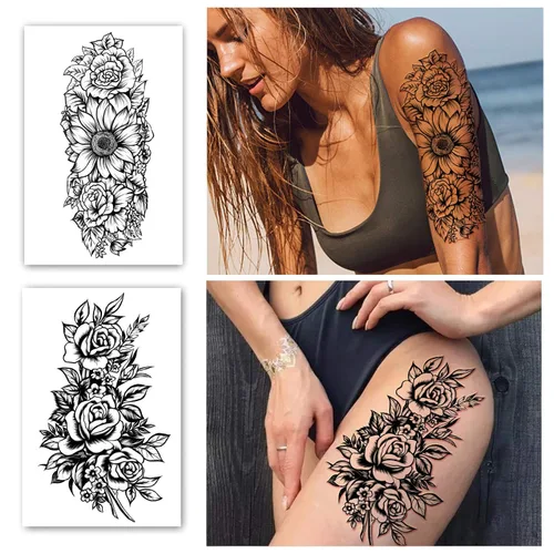 Vista 4 de Tatuaje temporal de brazo completo, 8 hojas y tatuajes de hombro medio brazo, 10 hojas, impermeables, extra grandes, duraderas, calcomanías