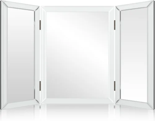 Vista 8 de Houseables - Espejo de 3 vías, triple tocador, plegable de tres vías, triple pliegue, para trenzar el cabello, 3 vías, 3 lados, tres paneles, Dorado