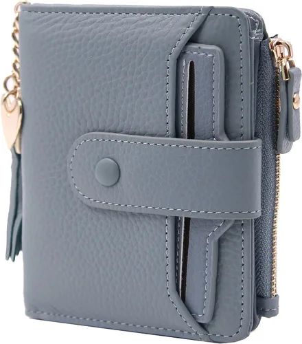 Vista 3 de Mini cartera plegable de cuero suave con protección RFID, para mujer, con funda para tarjeta, con ventana de identificación, monedero