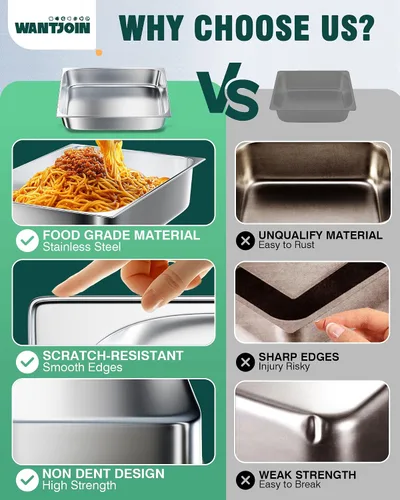 Vista 3 de WantJoin Recipientes Gastronómicos con Tapa 1/1 Tamaño Completo 4 Pulgadas de Profundidad Paquete de 3, Juegos de Bandejas de Metal de Acero