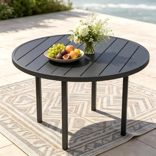 Vista 2 de 60" Round Outdoor Patio Table for 8, Metal Black Dining Table with Adjustable Umbrella Hole, Garden, Backyard & Deck Bistro Table