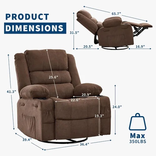 Vista 8 de Garvee Silla reclinable mecedora para adultos amplia giratoria de 360° Marrón