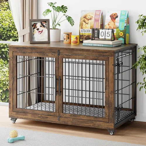 Vista 14 de YaFiti Mueble de jaula para perros con cojín, perrera de madera para interiores con puertas dobles, jaula para perros con ruedas, mesa auxiliar