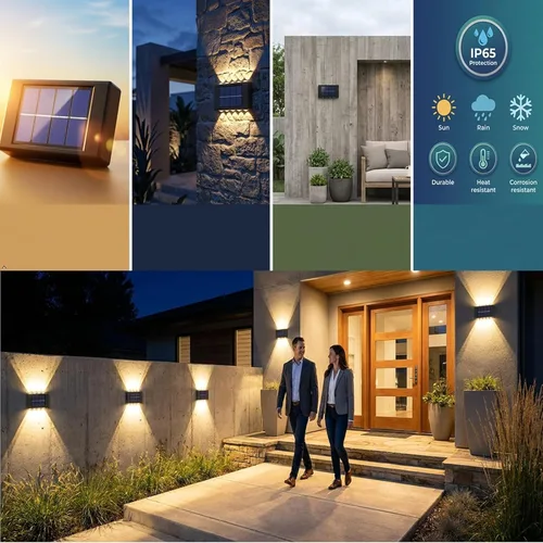 Vista 2 de ASLIDECOR 10 luces LED solares de pared hacia arriba, paquete de 4 lámparas iluminadas con sensor de luz solar al aire libre, IP65, impermeable