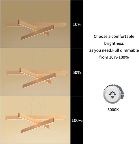 Vista 9 de Lámpara colgante lineal natural de madera maciza de 3 luces, moderna lámpara colgante LED regulable, candelabro para mesa de comedor, isla