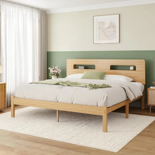 Vista 15 de ZIYOO Marco de cama de madera de bambú maciza tamaño individual con cabecera de almacenamiento, marco de cama plataforma de 14 pulgadas