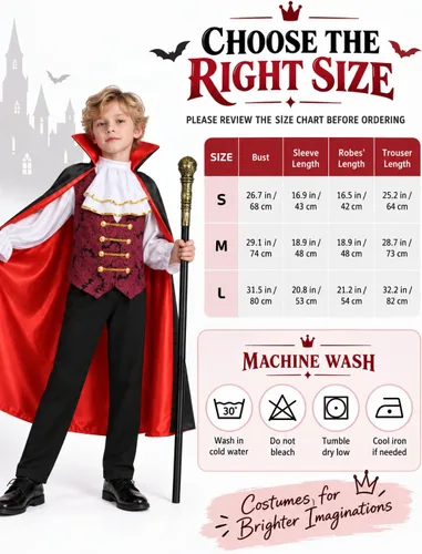 Vista 7 de HOMELEX Disfraz de vampiro infantil para niño, disfraz rojo de Halloween para niños