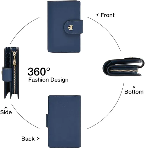 Vista 5 de FOXLOVER Carteras plegables para mujer con bloqueo RFID para regalo con cremallera para mujer Azul Moda
