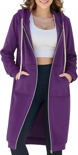 Vista 12 de Ablanczoom Sudaderas largas con cremallera para mujer, cómodas sudaderas de forro polar a la moda, chaquetas casuales con bolsillos Albaricoque