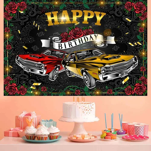 Vista 6 de Telón de fondo retro para automóvil de 9 x 6 pies para fiesta de cumpleaños, fiesta temática de los años 50, suministros de decoración de fiesta