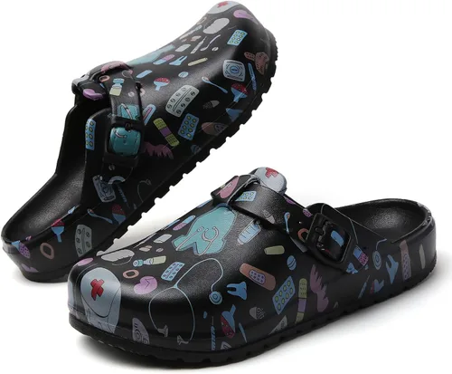 Vista 7 de Zuecos de enfermera estampados para mujer: zuecos de jardín sin cordones, impermeables, ligeros, duraderos, antideslizantes, cómodos para turnos