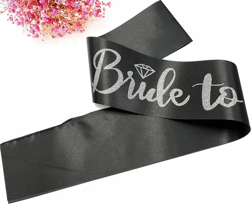 Vista 6 de Bride to Be - Banda de satén negro con letras plateadas con purpurina plateada, banda para despedida de soltera, boda, fiesta, recuerdos