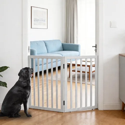 Vista 39 de Puerta para perros para interiores, valla independiente para perros, para la casa, puertas, pasillos o escaleras, puerta para mascotas plegable