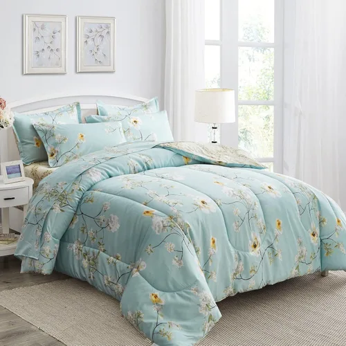 Vista 10 de Joyreap - Juego de ropa de cama tamaño individual completo en una bolsa, 6 piezas, diseño botánico de flores amarillas y hojas verdes, juego