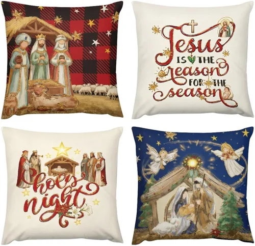Vista 12 de Juego de 4 fundas de almohada decorativas de árbol de Navidad con estampado de ambos lados, 16 x 16 pulgadas, fundas de almohada de bosque